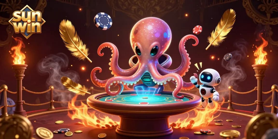 Play poker with the alien octopus at sun win amidst golden aura and thrilling atmosphere.