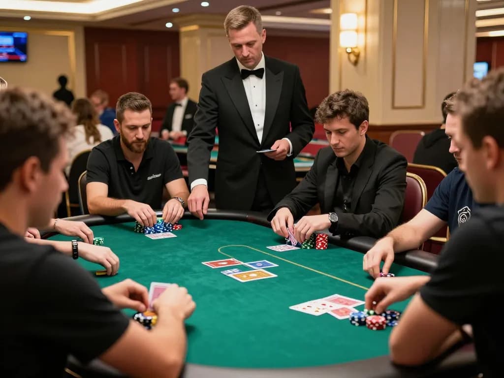 Engaging poker action at Da88 table in a glamorous casino with players focused on strategy.