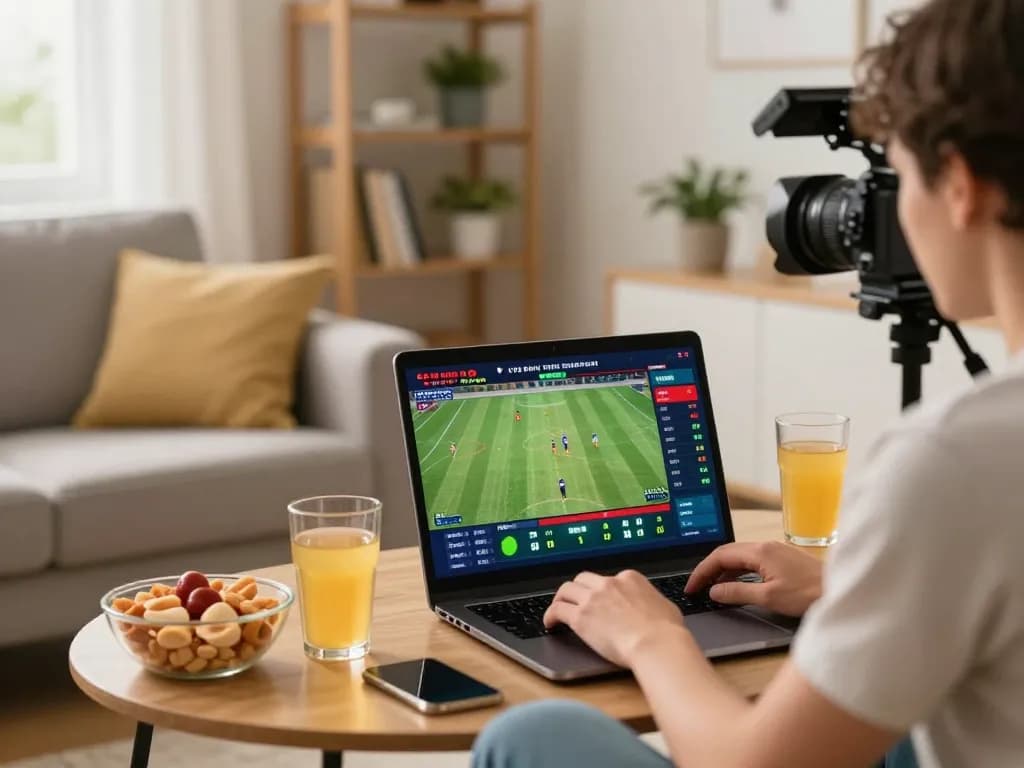 Person actively using 1Gom for sports betting in a cozy home setting, with laptop showing live odds.
