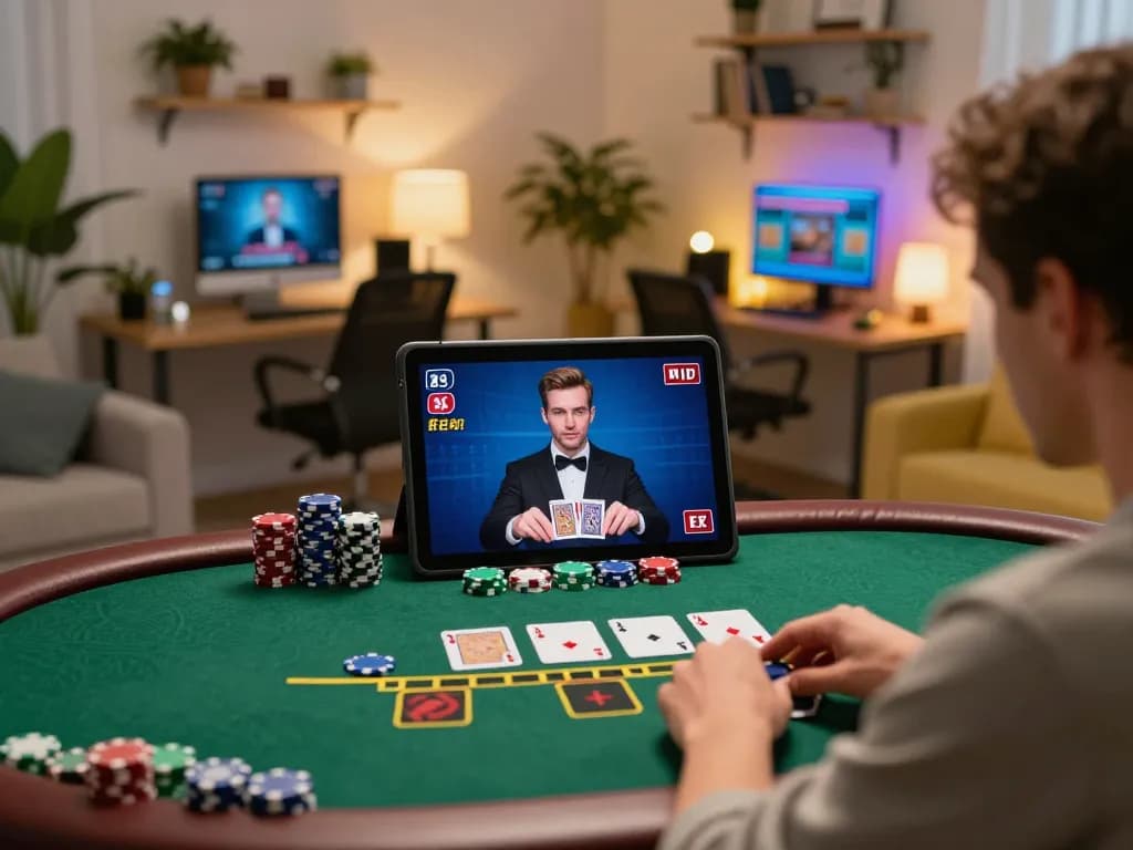 Engaged player using Red88 for live dealer blackjack in cozy home setting.