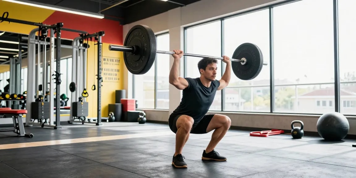 Prime Pharma Steroiden in a vibrant gym scene, showcasing an athlete performing barbell squats surrounded by fitness equipment.