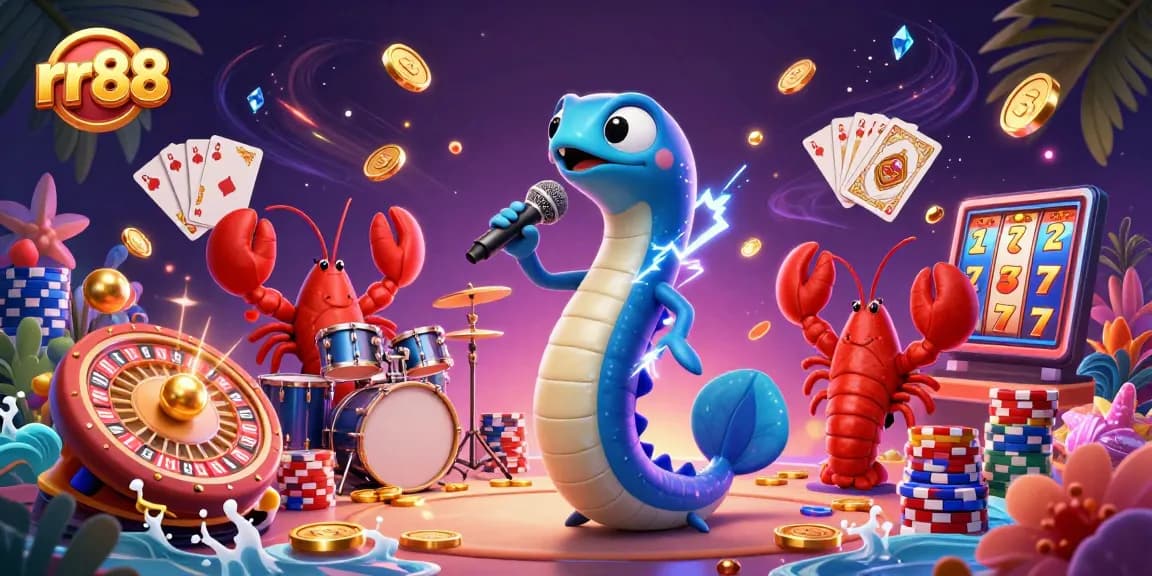 rr88 showcases a lively underwater casino scene with a DJ electric eel and sparkling game elements.