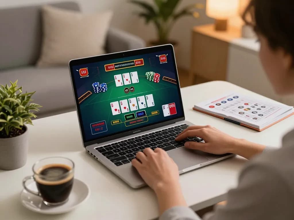 Player enjoying live blackjack on Fun88 com with strategy guide and coffee in cozy setup.