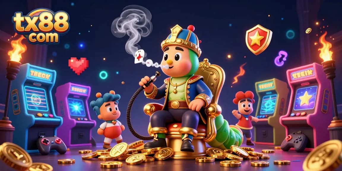 Engage with tx88 com's colorful casino world full of games and excitement in a vibrant 3D illustration.