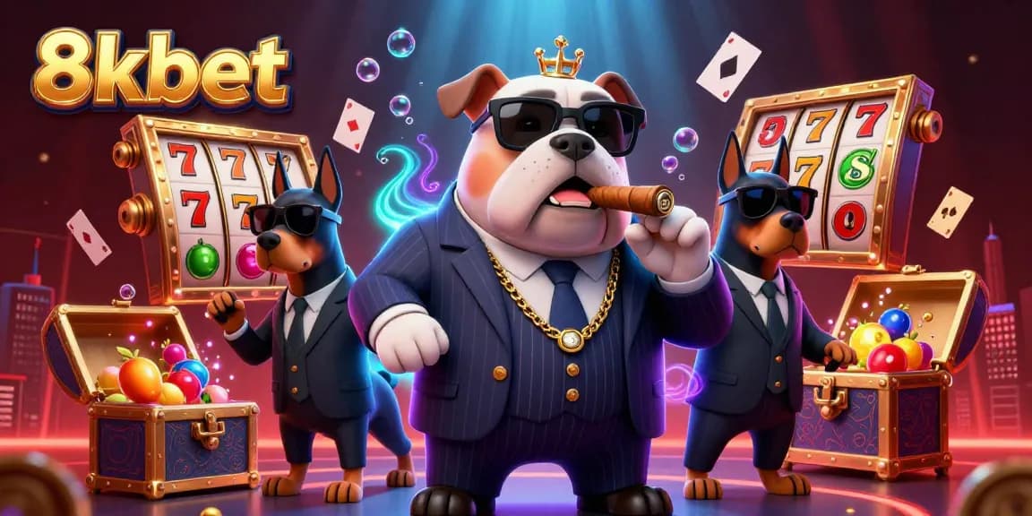 8kbet showcases a thrilling casino experience with a bulldog mafia boss and dynamic slot elements.