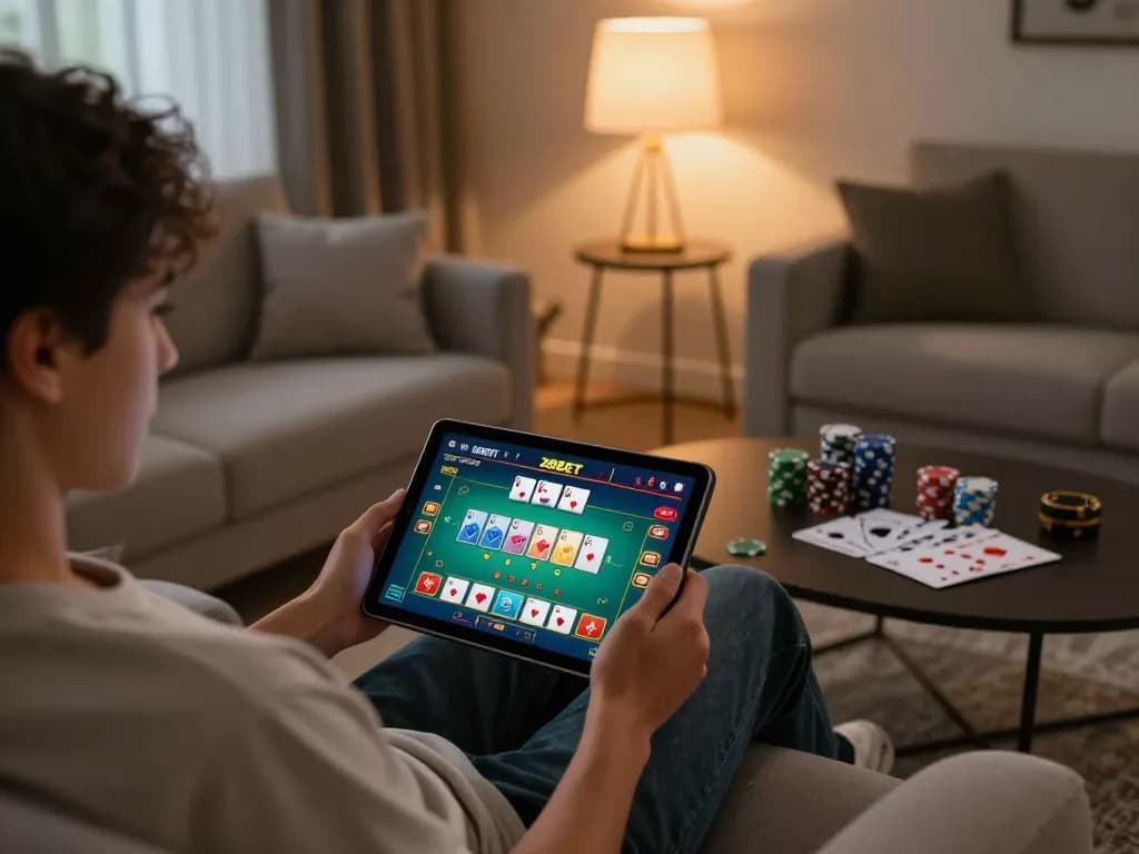28BET user enjoying an exciting online gambling session on a stylish tablet at home.