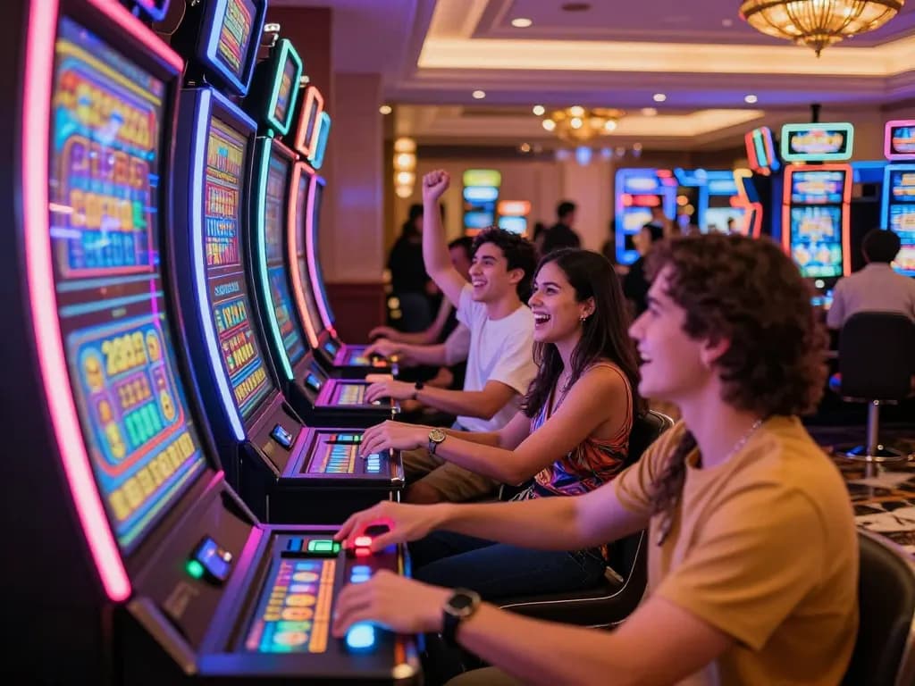 Engaged players celebrating wins at luxurious slot machines in a vibrant casino atmosphere with 90P excitement.