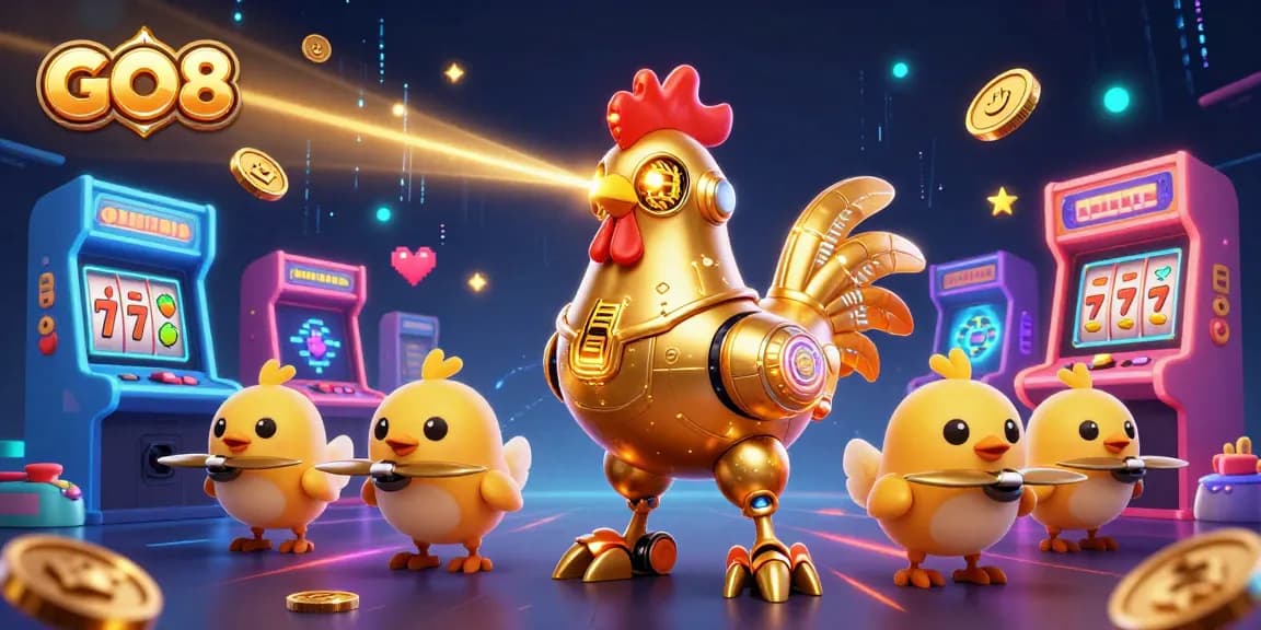 Engage with GO8's thrilling gameplay through a vibrant 3D illustration featuring golden rooster robots and arcade elements.