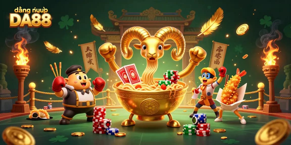 Join the fun at đăng nhập DA88 with a vibrant casino scene featuring a golden ramen bowl dealer and gaming chaos.