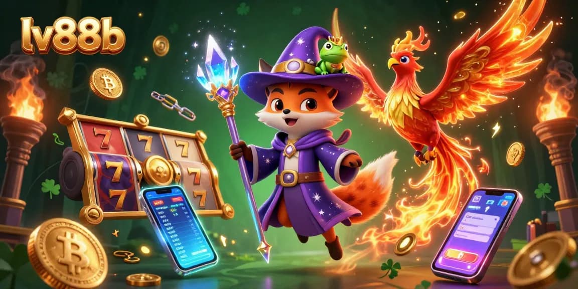 Engage with lv88b's vibrant casino scene featuring a wizard fox, phoenix, and enchanted frog amidst thrilling gaming elements.
