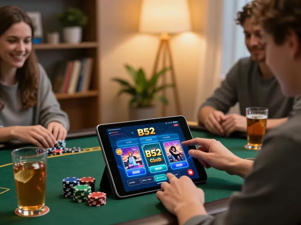 B52 club user enjoying dynamic online gaming experience on tablet in cozy home setting