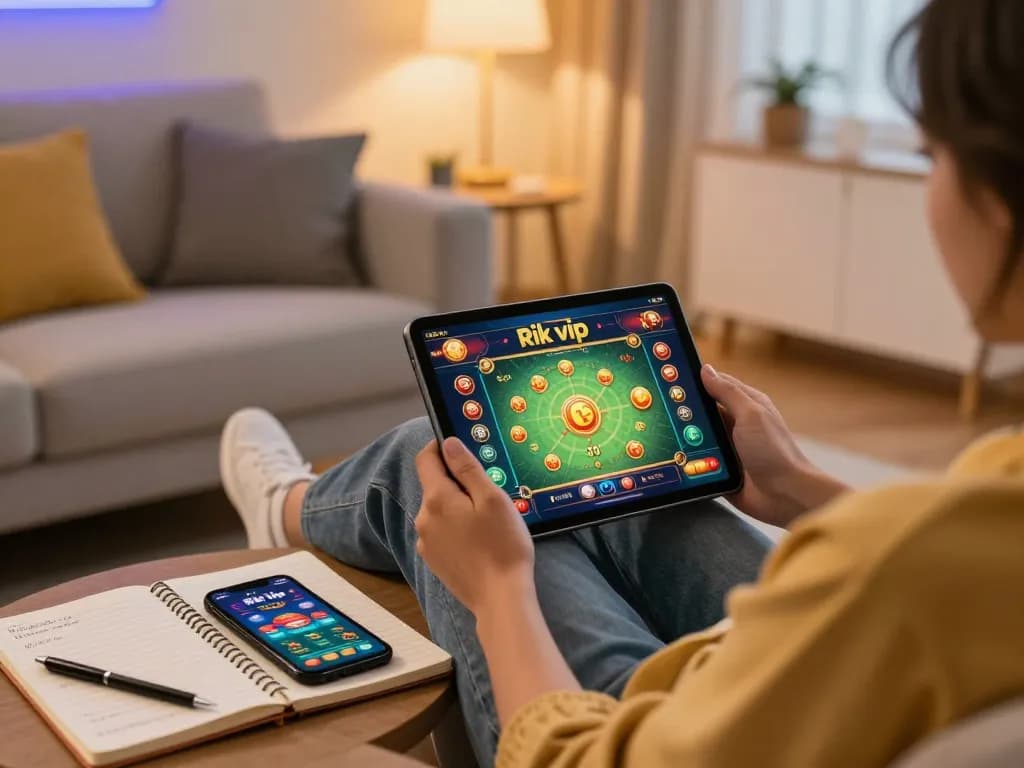 Engaging in Rik vip online casino games on a tablet in a cozy home setting.
