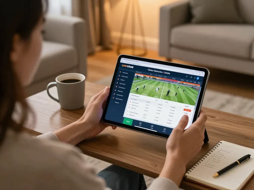 Login 9bet on a tablet during an intense sports betting session at home with a cozy setup