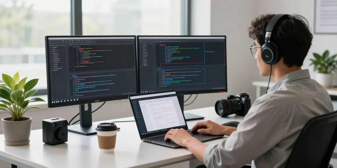 Developer using WPS Official Website in modern tech workspace with dual monitors, showcasing productivity.