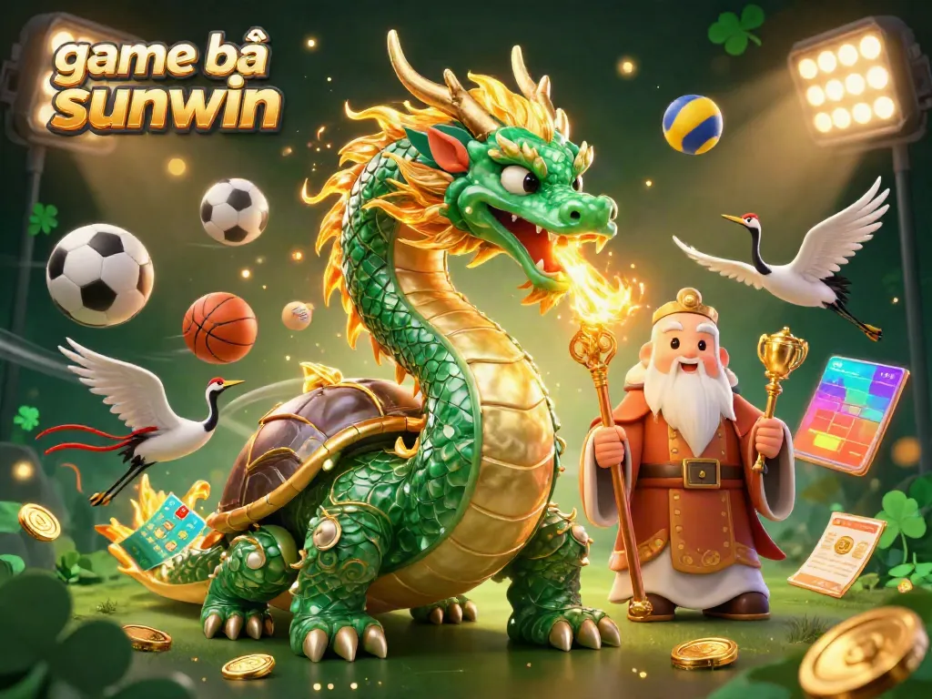 Experience the thrilling action of game bài sunwin with a vibrant 3D scene featuring an emerald dragon, turtle sage, and lucky cranes.
