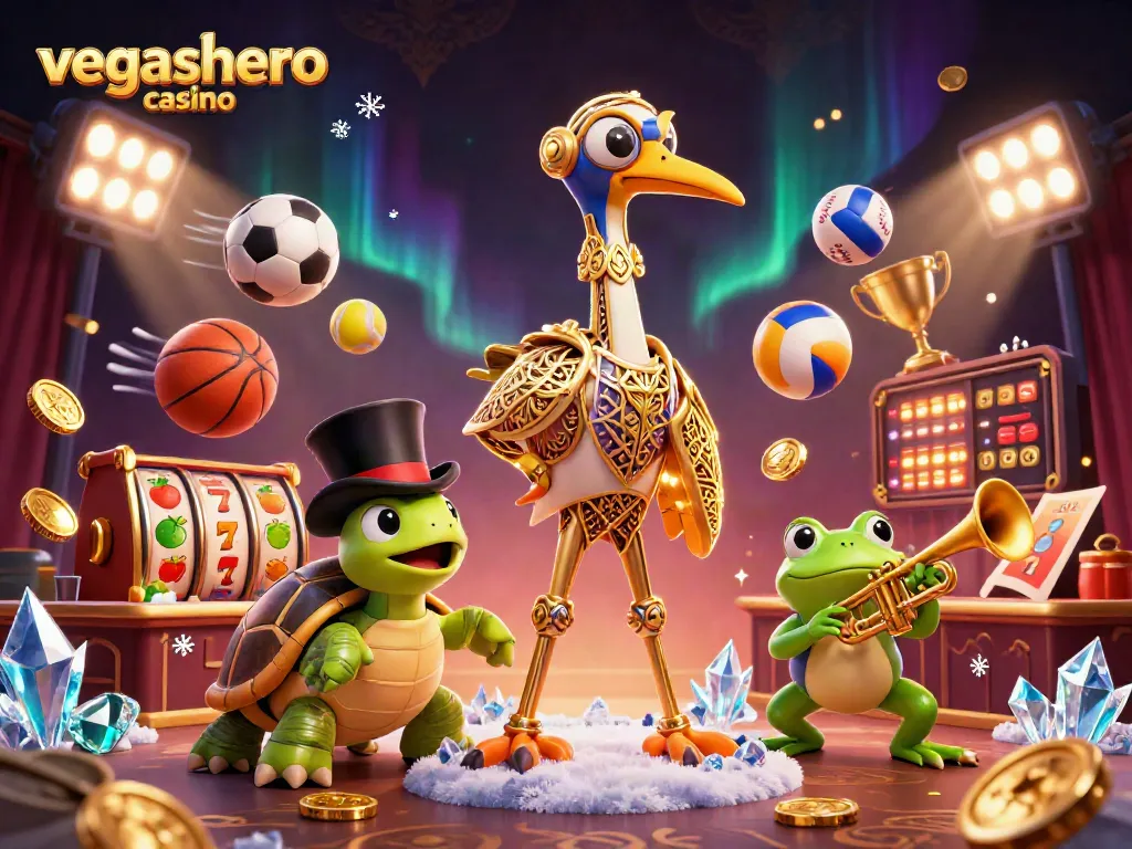 Explore exciting games at vegashero casino with a vibrant 3D scene featuring unique characters and gaming elements.