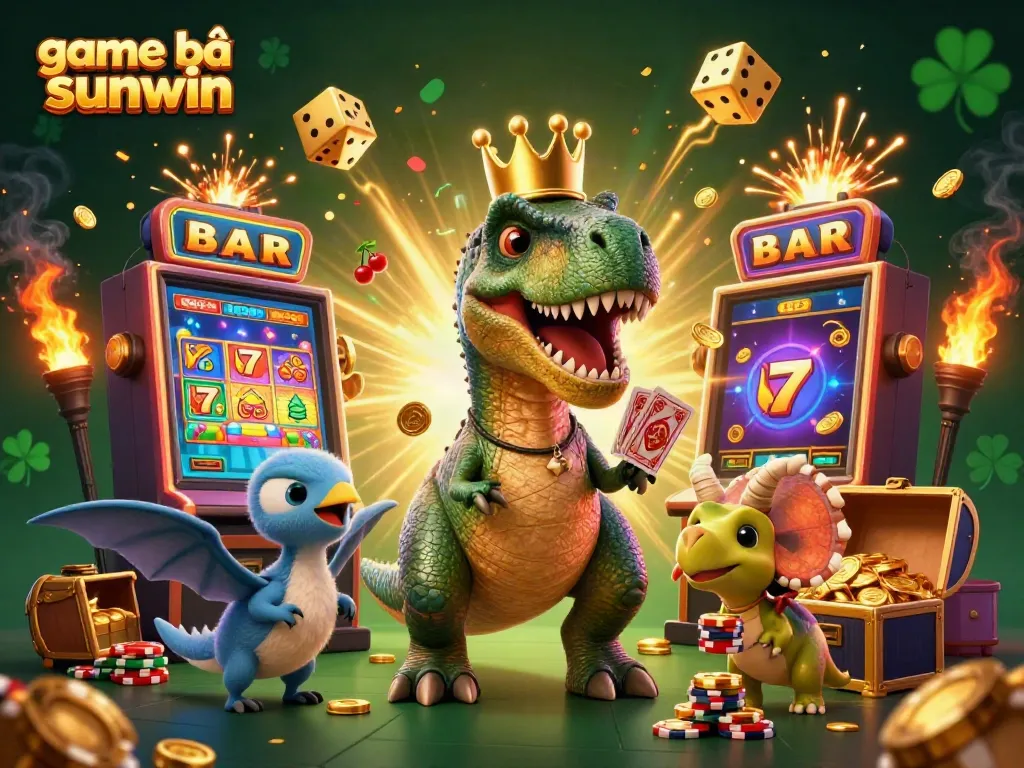 Experience game bài sunwin with a chaotic yet fun scene featuring friendly dinosaurs shuffling cards and stacking chips.