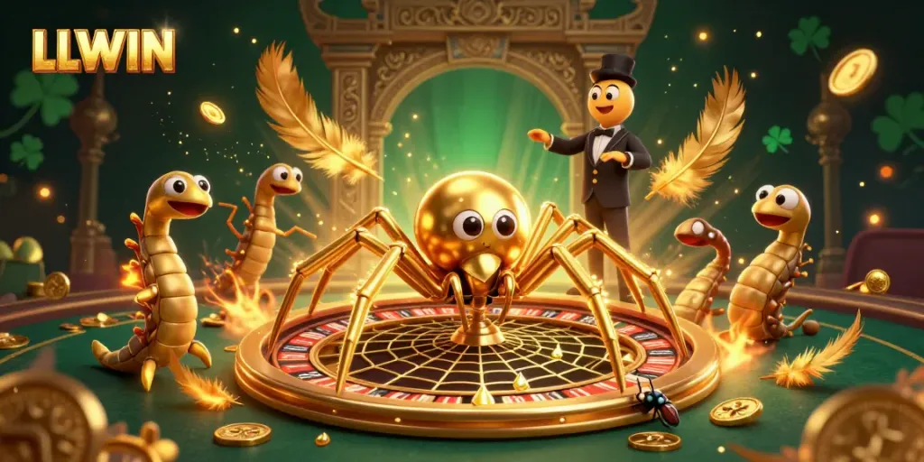 LLWIN features a golden spider and centipede dealer in a dynamic roulette scene, capturing the thrill of gambling.