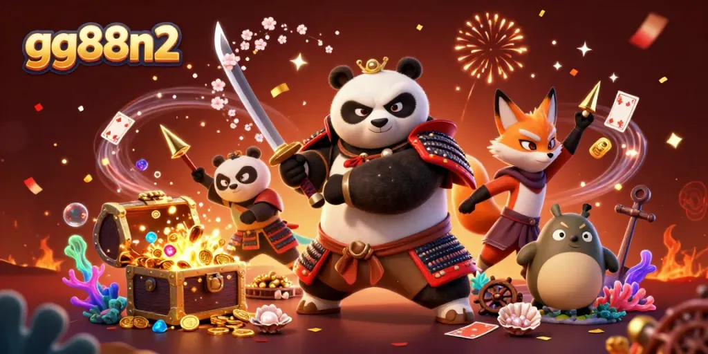 Experience the excitement of gg88n2 with a dynamic 3D illustration of samurai panda and friends.