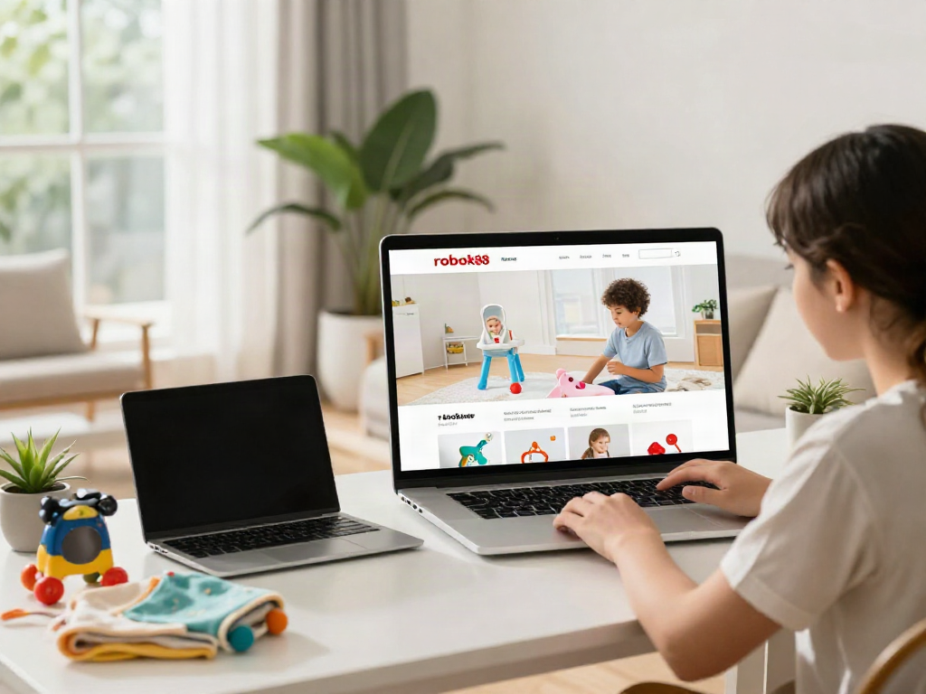 Parent navigating rokok88 super products on a laptop in a bright home setting.