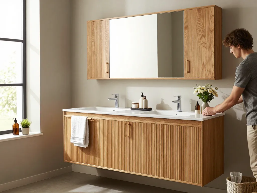 Moderne kasten badkamer met stijlvolle eiken kasten en elegante decoratie, die een georganiseerde ruimte en functionaliteit laat zien.