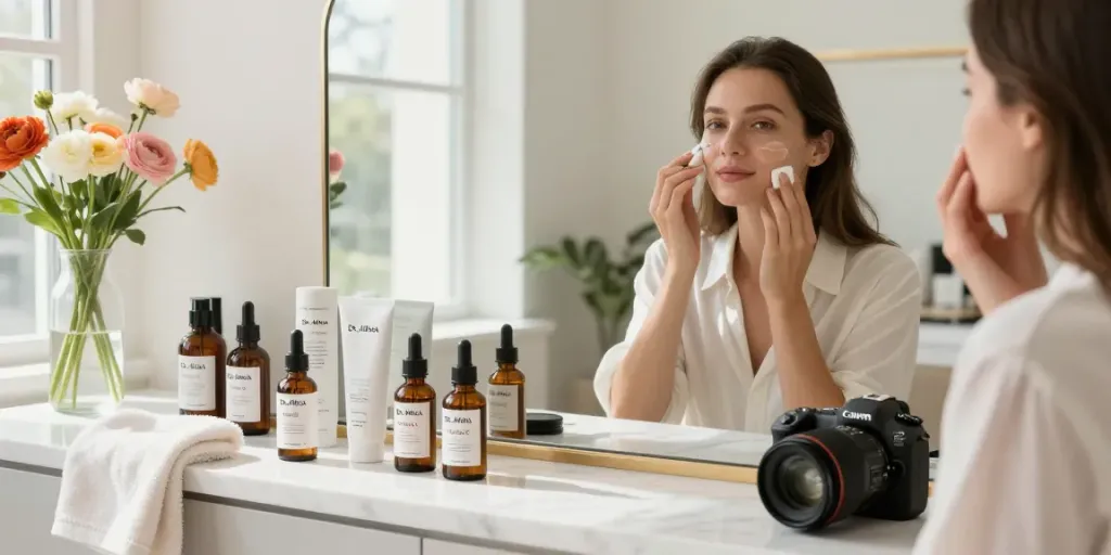Vrouw die Dr. Althea vitamine C-serum aanbrengt in een moderne beautyruimte.