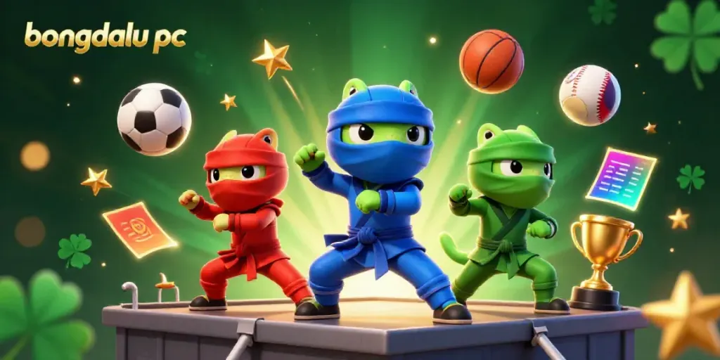 Engage with bongdalu pc as vibrant ninja chameleons celebrate sports betting success with trophy and dynamic elements.
