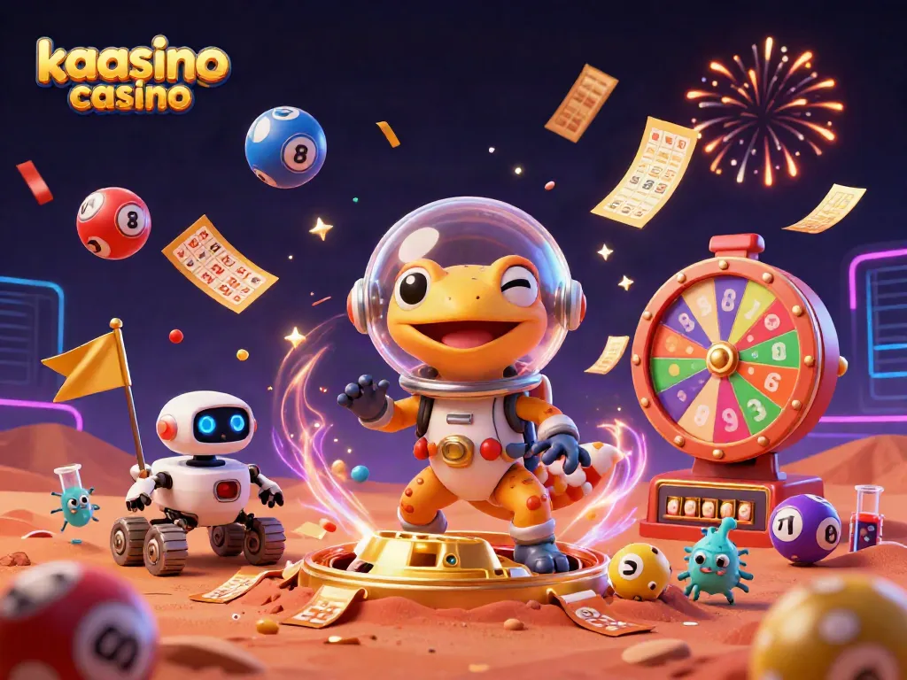 Kaasino casino presents a vibrant Martian gecko winning at a futuristic casino among animated game elements.
