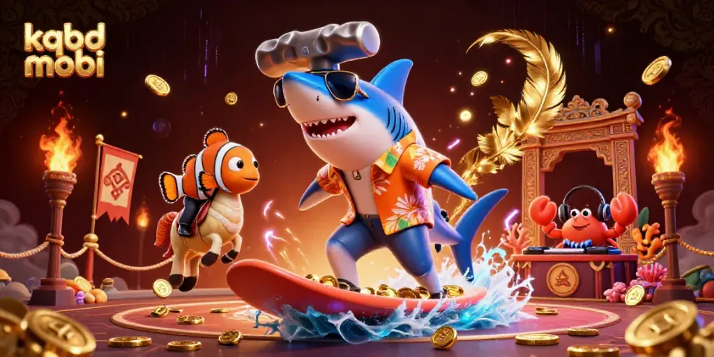 Experience the excitement of kqbd mobi with vibrant characters surfing gold while showcasing online gambling dynamic elements.