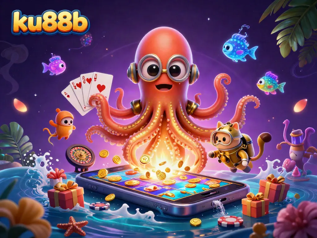 Engage with the thrilling world of ku88b; a vibrant scene of a kraken, diving cat, and casino elements.