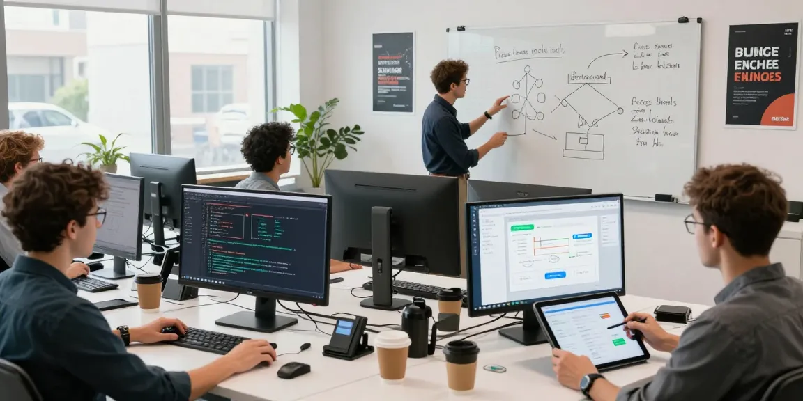 Team developing the Bungee Exchange interface in a modern tech workspace, highlighting collaboration and innovation.