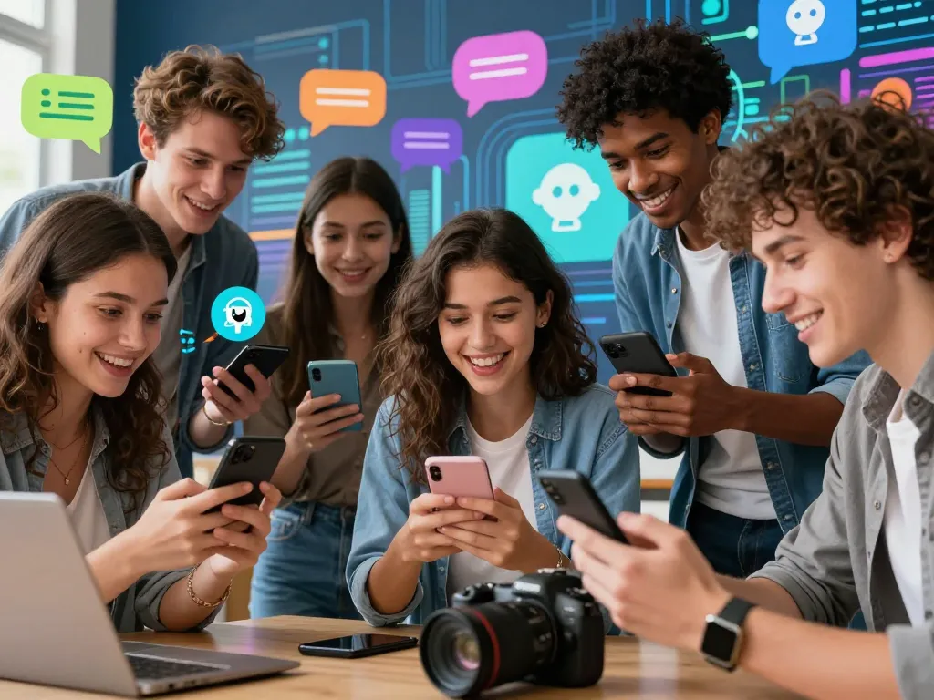 Dynamic group enjoying spicy chat AI conversations in a vibrant digital setting.