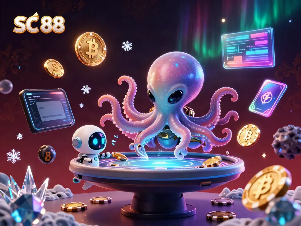 Participate in thrilling SC 88 poker with a playful alien octopus and robot in a cosmic casino setting.