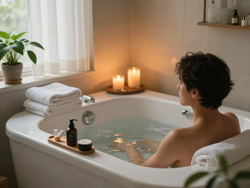 Ontspannende scène in een gezellige badkamer met een stijlvolle zitbaden en een rustige sfeer voor wellness.