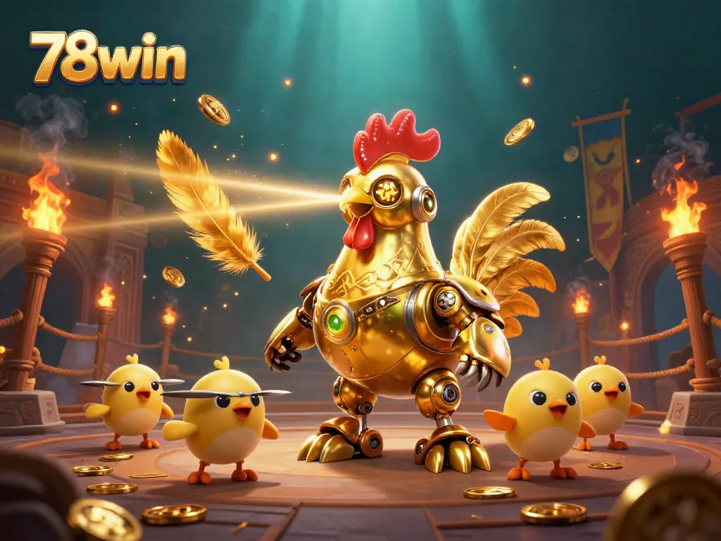 Experience the thrilling world of 78win with a golden rooster robot leading baby chick drones in a captivating casino scene.
