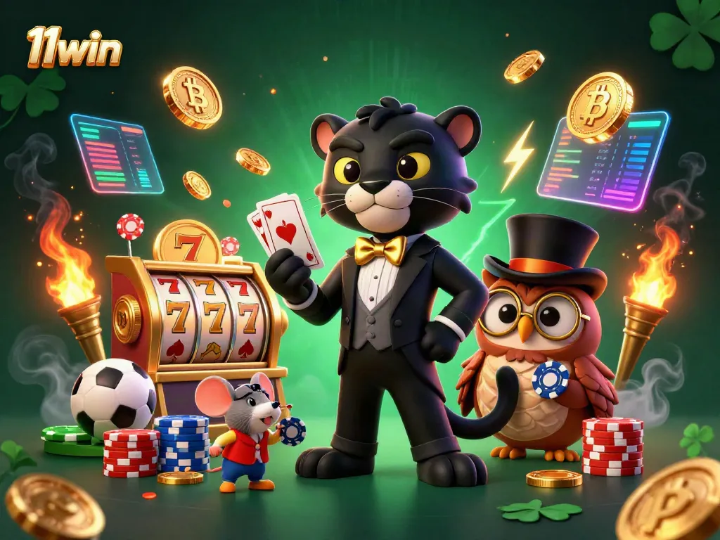 Experience thrilling gaming action at 11win with a sleek cartoon illustration featuring vibrant casino elements and characters.