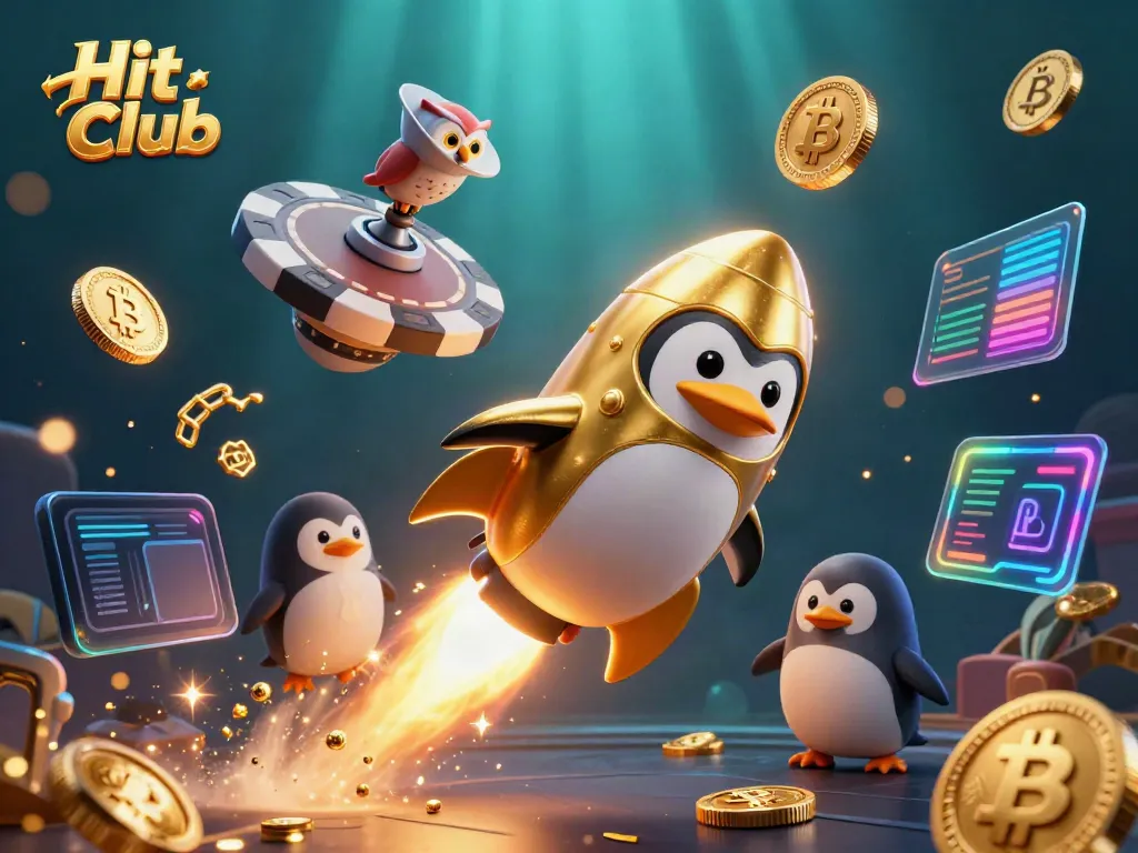 Experience the thrill of Hit Club with a dynamic scene featuring a golden penguin and casino elements.