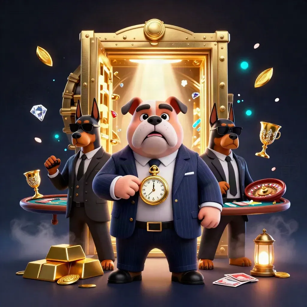 Maffiahond met bodyguards voor gouden kluis, luxe casino in blauw en goud.