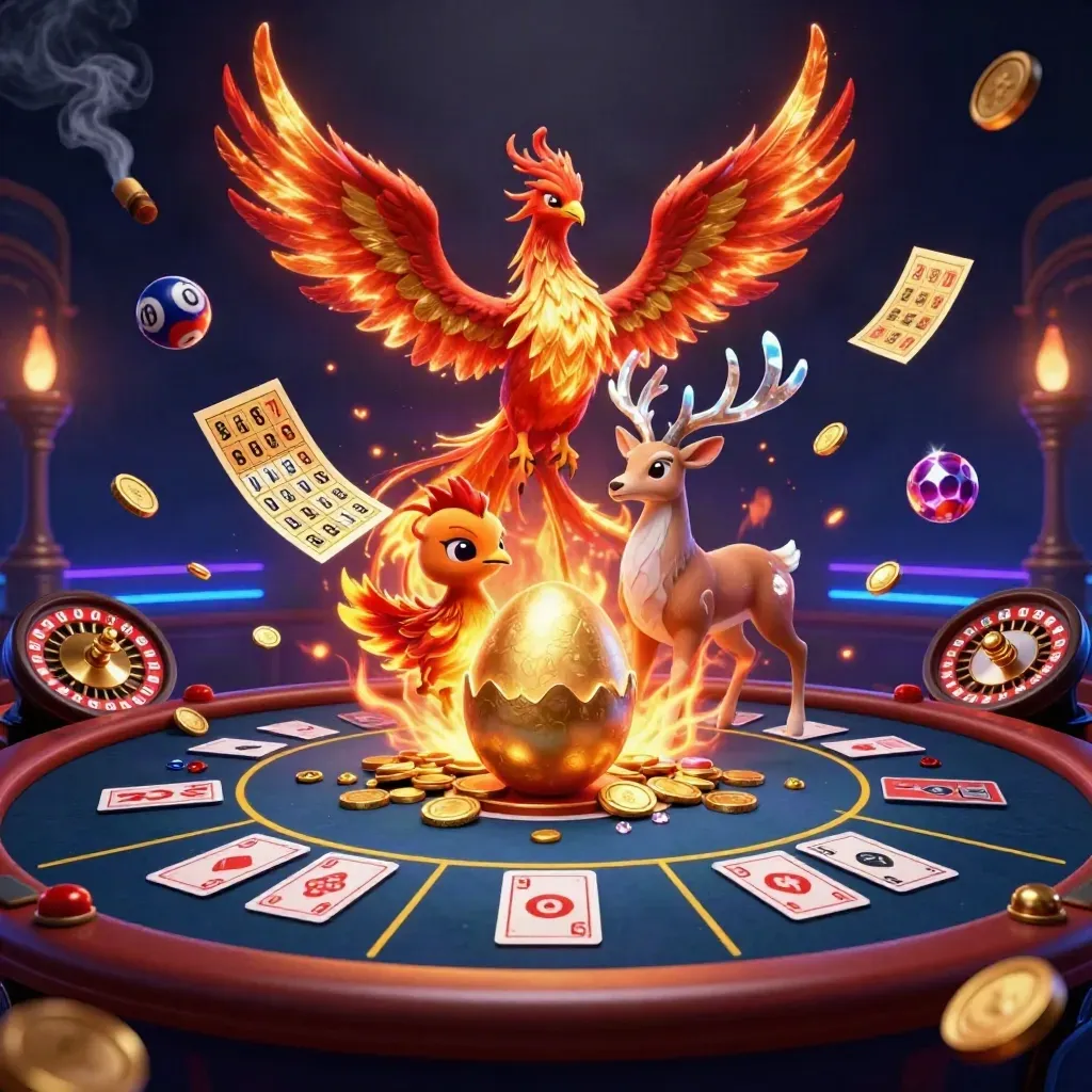 Feniks, hert en spelobjecten in luxe neon casino-sfeer