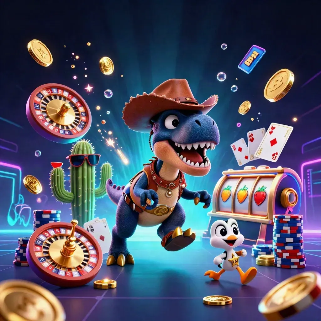 3D cowboy-T-rex, cactus en roadrunner tussen neon munten en juwelen