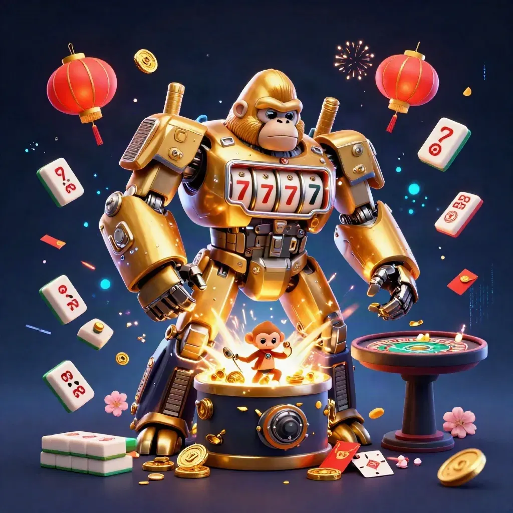 Gouden gorillamech met aap in cockpit, met vuurwerk, munten en casino-elementen.