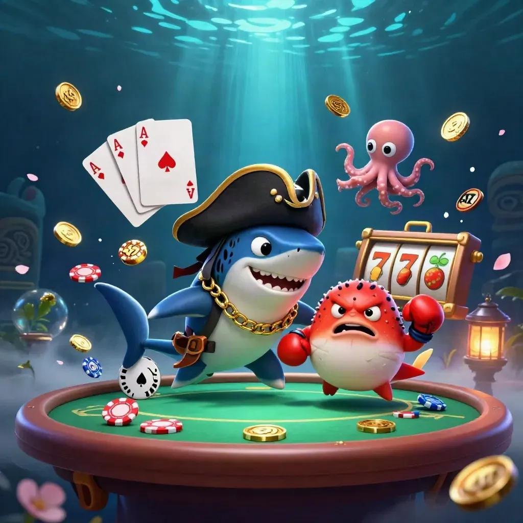 Piraat-haai, bokspuffer en baby-octopus rond pokertafel in donkerblauw onderwaterlicht.