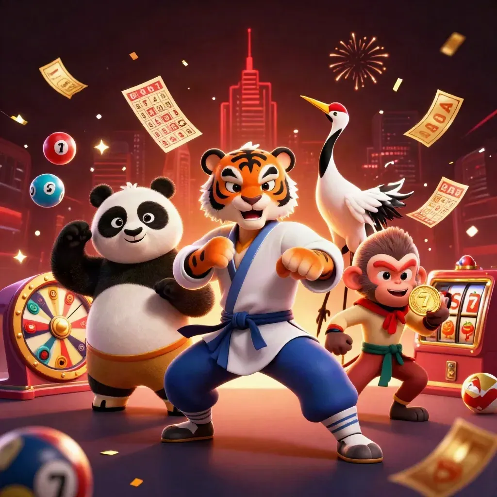 Kung-fu tijger, panda en aap tussen goud, bingo, slotraderen en vuurwerk op donkere achtergrond.