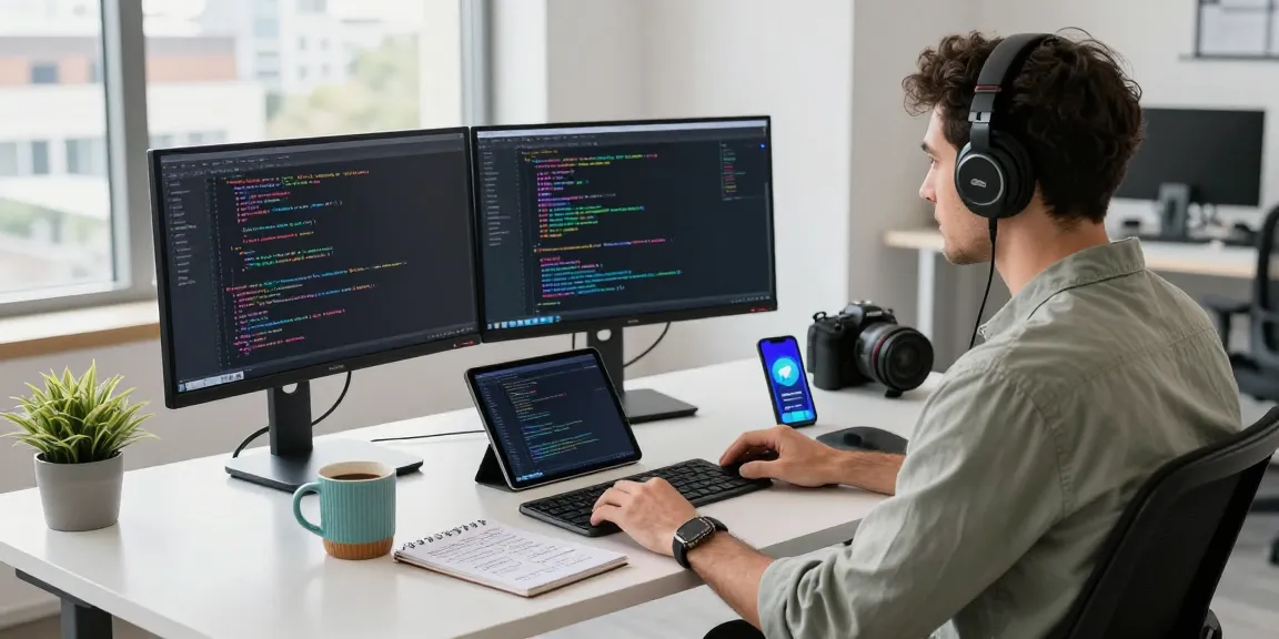 Download Telegram app interface on dual monitors in a modern developer workspace