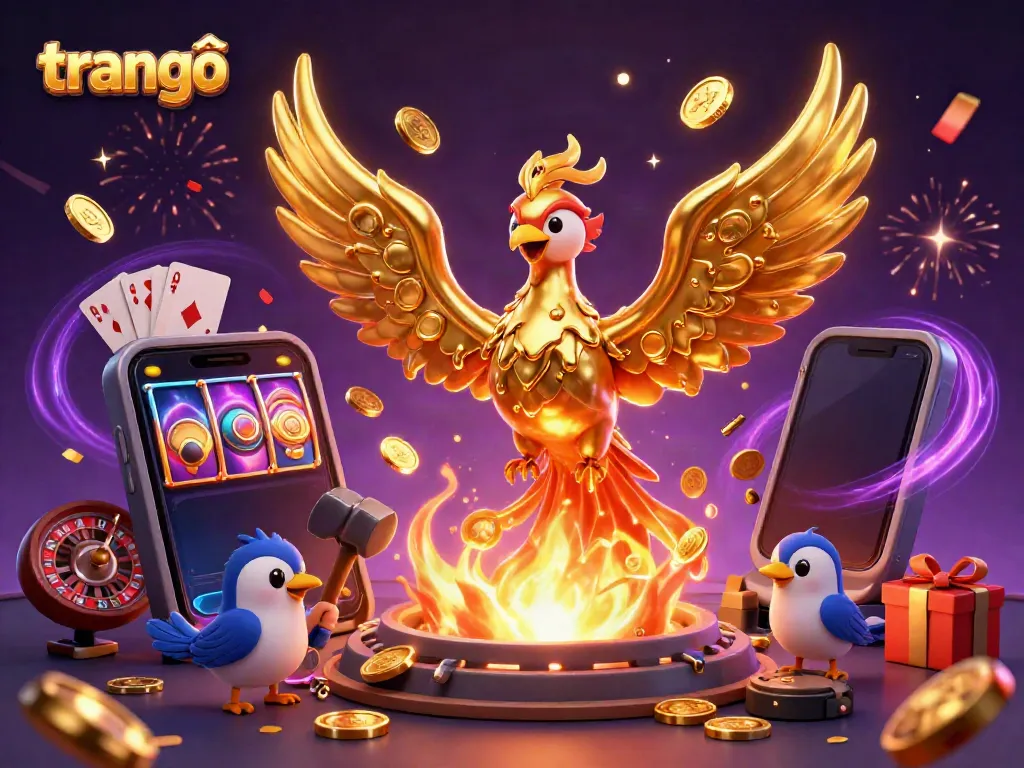 Experience the excitement of trang chủ with a golden phoenix amidst casino games and celebration.
