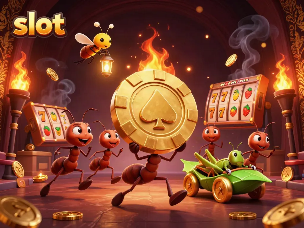 Experience thrilling slot action with cartoon ants, poker chip heist, and vibrant casino elements.