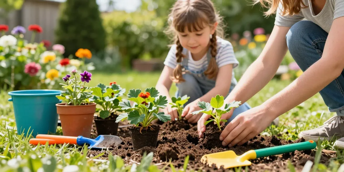 Gezin plant sedummat kopen in een levendige tuinsetting, met kleurrijke gereedschappen en groen.