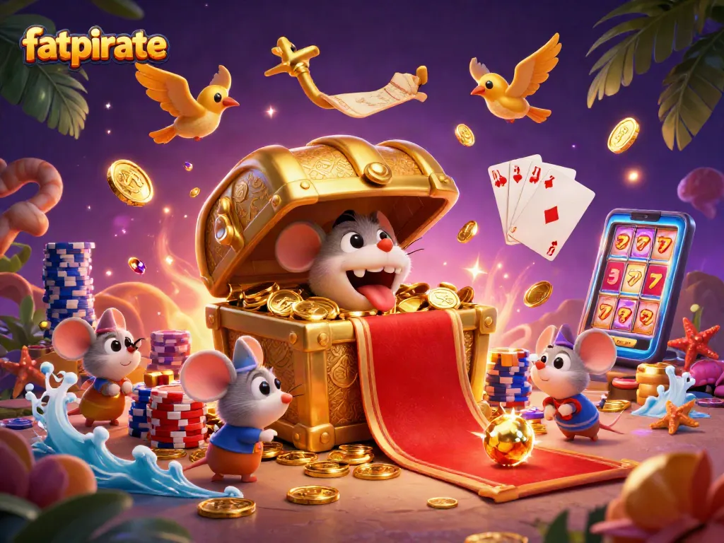 Win big at fatpirate with a vibrant illustration of treasure awaiting adventurer mice amidst casino elements.