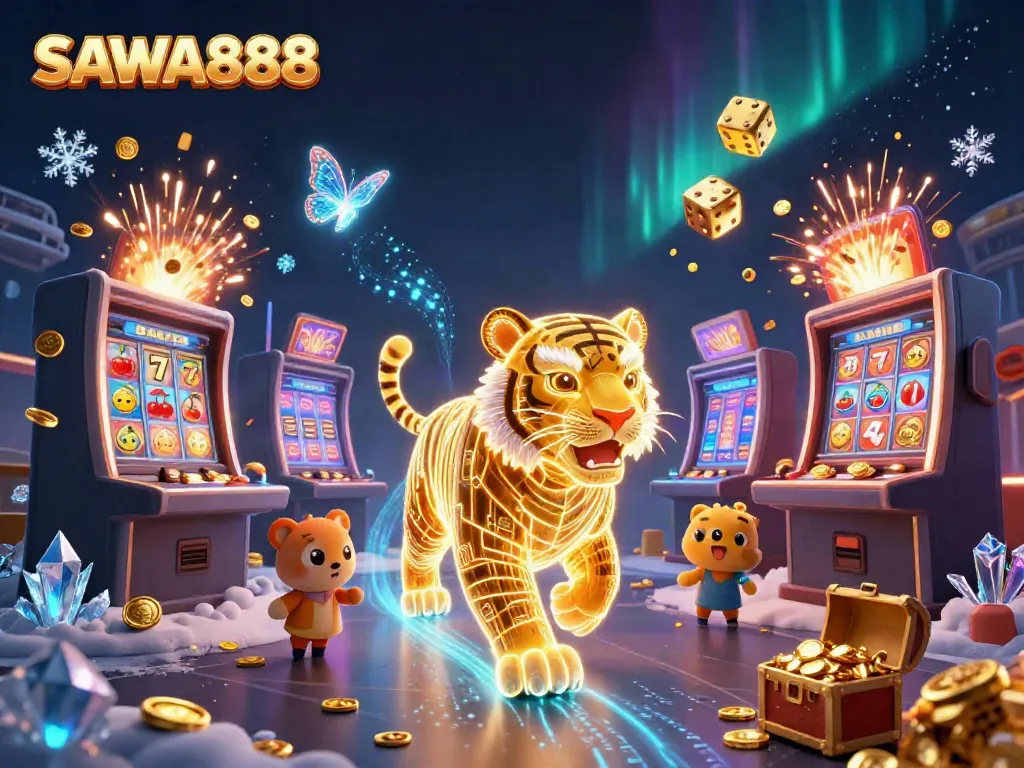 Experience thrilling gaming with SAWA888 as a golden tiger and holographic companions burst into a casino realm.
