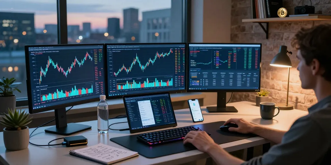 Professionele cryptocurrency trading setup bij websitepioniers met Bitcoin en Ethereum charts, DeFi dashboards en digitale wallets.